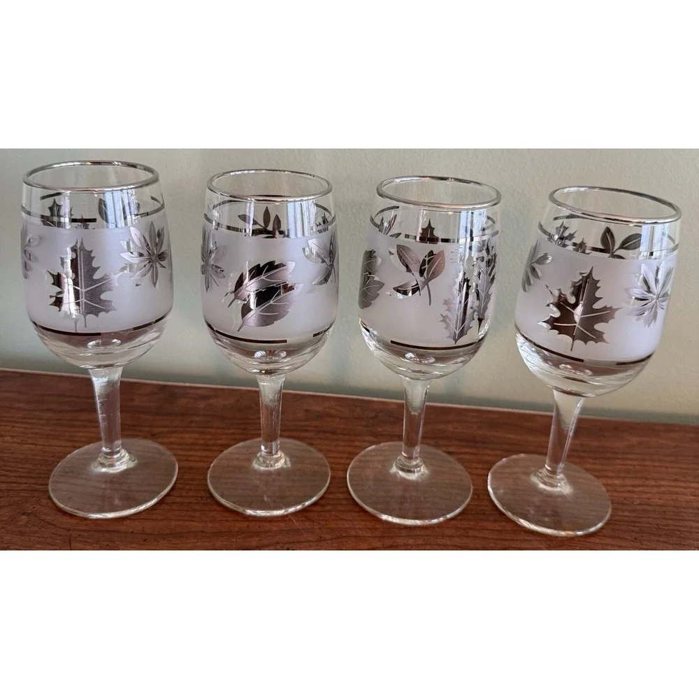 4 Vintage Libbey Glass Co. Silver Leaf Rimmed / Frosted Wine Glasses 5.75